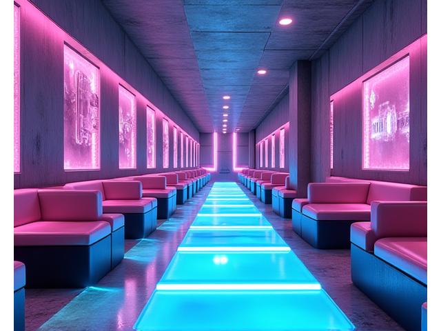 Stylized architectural rendering of a futuristic entertainment venue with glowing pathways